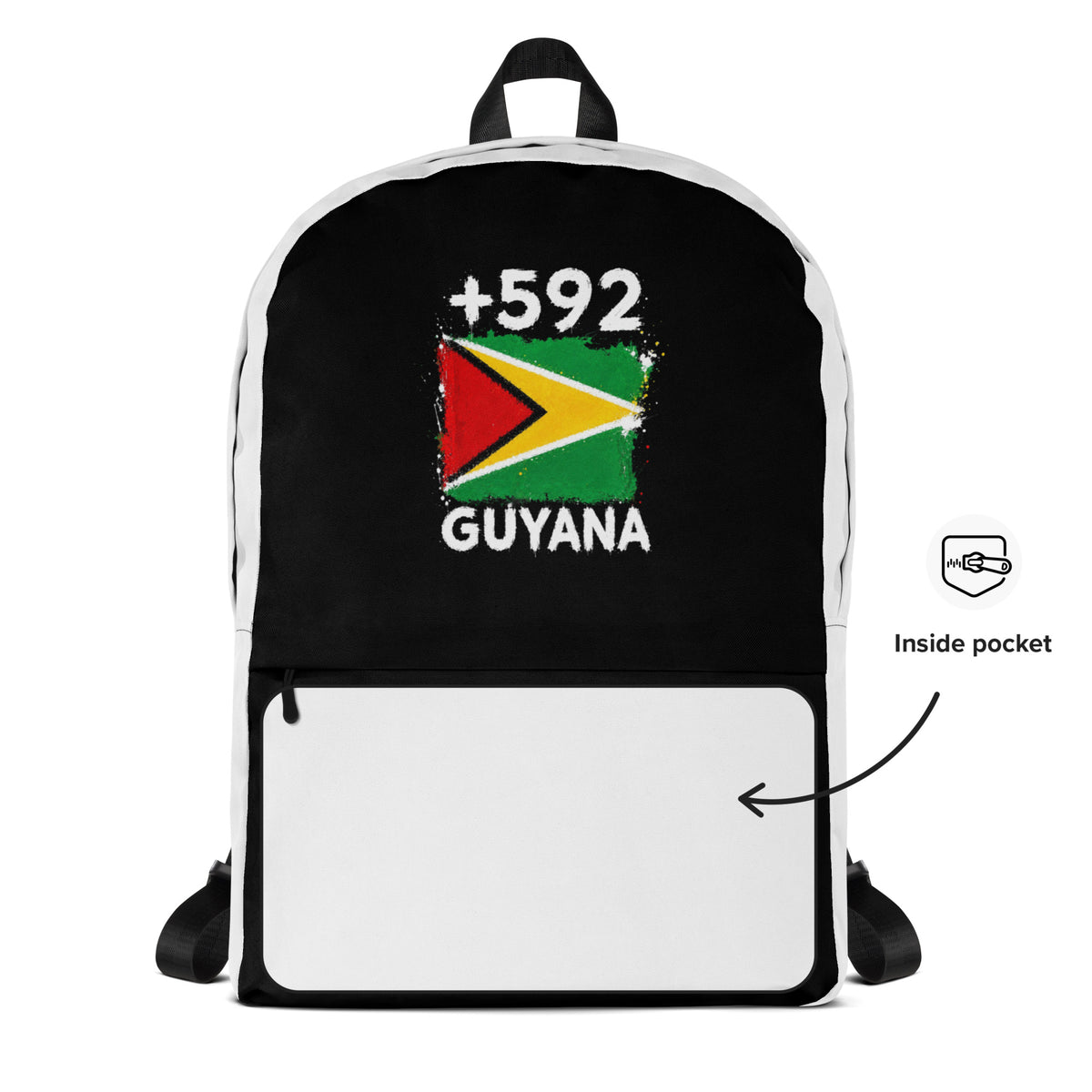 Sac à Dos Guyana +592 - Bicolore avec drapeau floqué effet éclaboussure de peinture - vue détaillée - Indicatif Fier