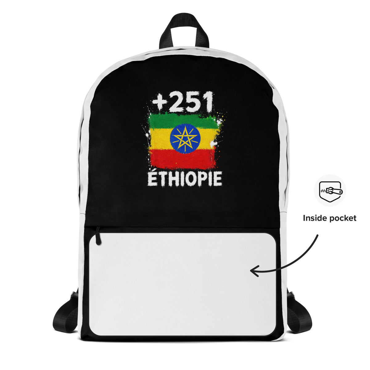 Sac à Dos Éthiopie +251 - Bicolore avec drapeau floqué effet éclaboussure de peinture - vue détaillée - Indicatif Fier