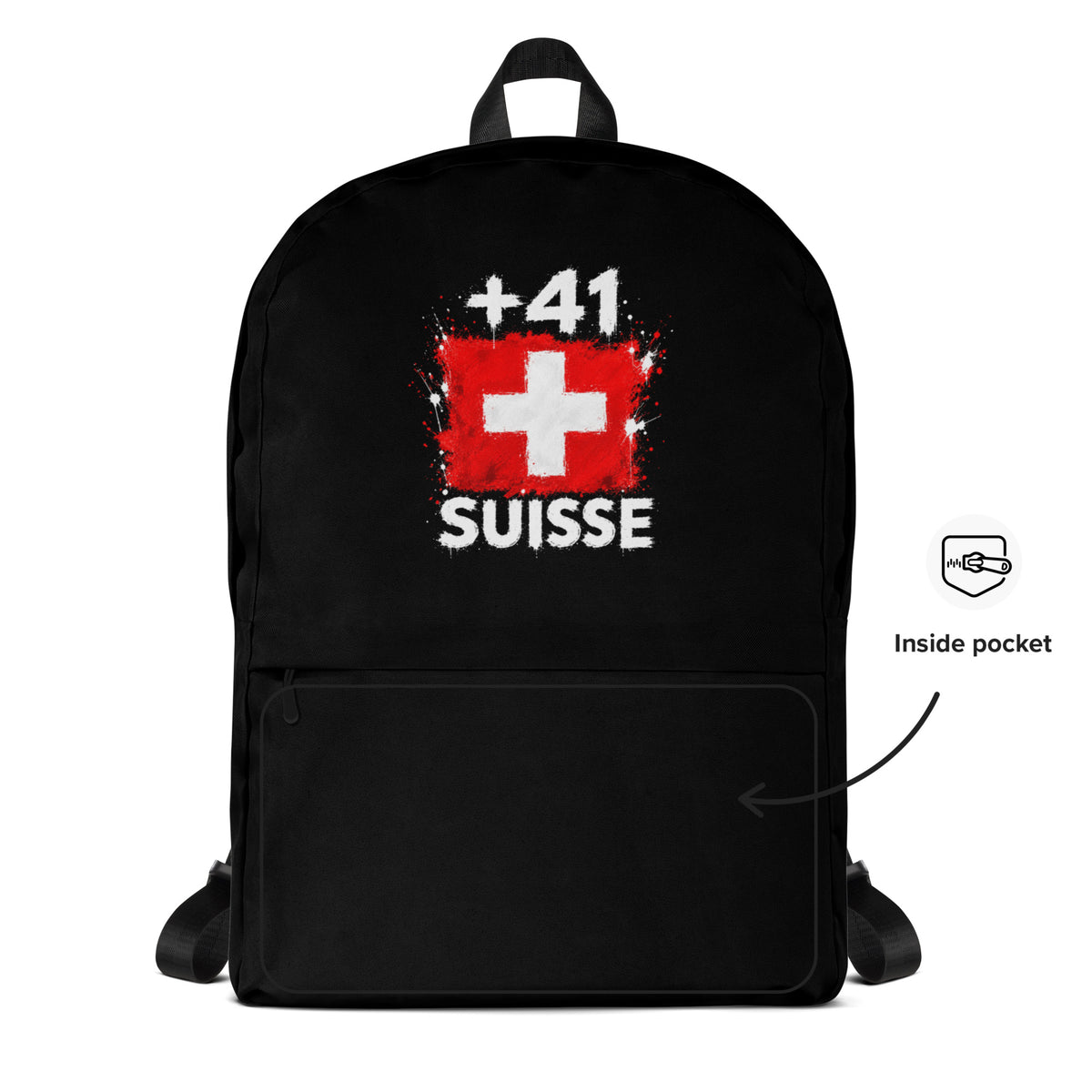 Sac à Dos Suisse +41 - Noir avec drapeau floqué effet éclaboussure de peinture - vue détaillée - Indicatif Fier