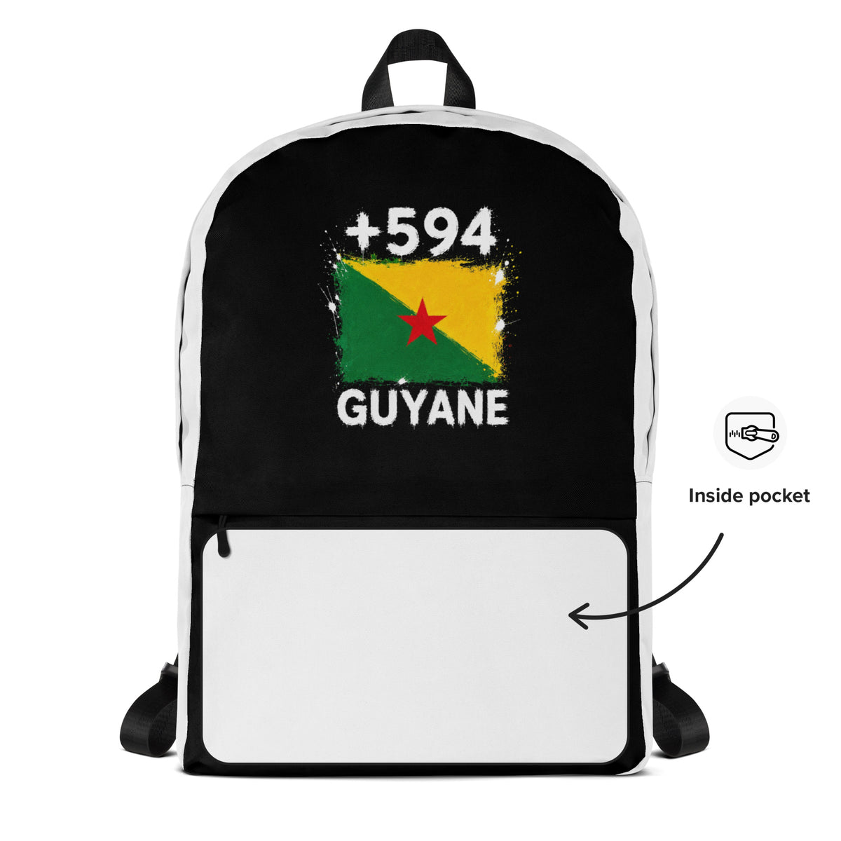 Sac à Dos Guyane +594 - Bicolore avec drapeau floqué effet éclaboussure de peinture - vue détaillée - Indicatif Fier