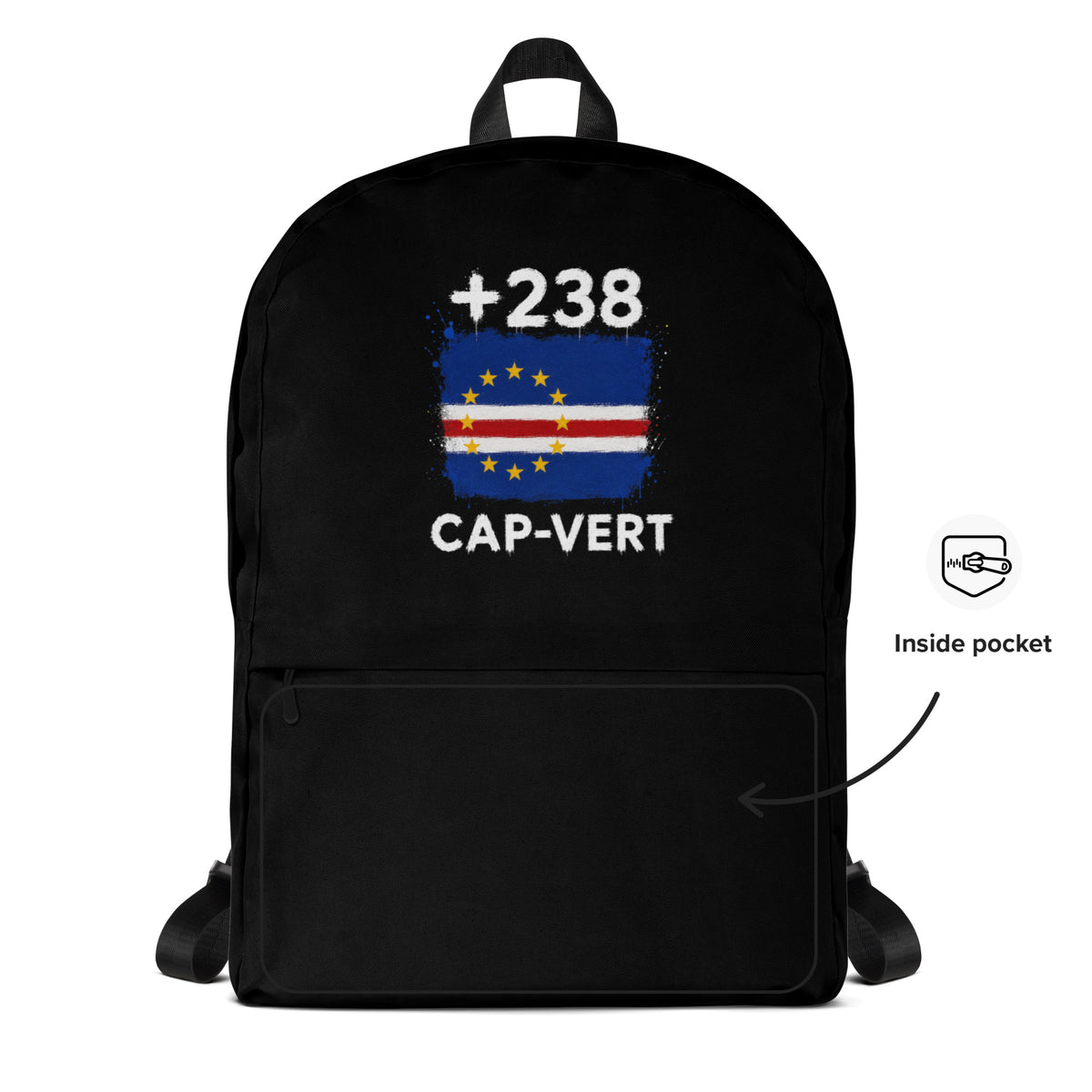Sac à Dos Cap-Vert +238 - Noir avec drapeau floqué effet éclaboussure de peinture - vue détaillée - Indicatif Fier