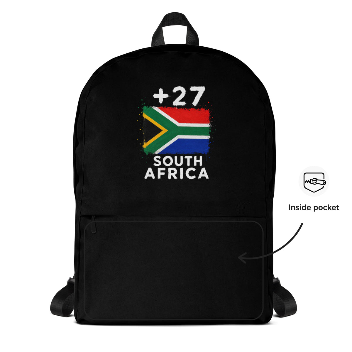 Sac à Dos Afrique du Sud +27 - Noir avec drapeau floqué effet éclaboussure de peinture - vue détaillée - Indicatif Fier