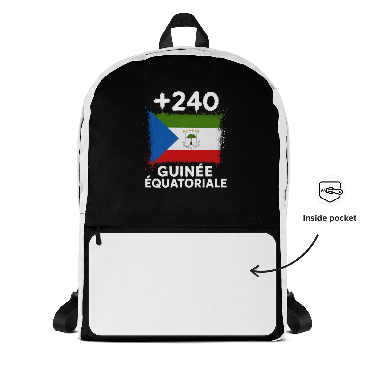 Sac à Dos Guinée Équatoriale +240 - Noir avec drapeau floqué effet éclaboussure de peinture - vue détaillée - Indicatif Fier