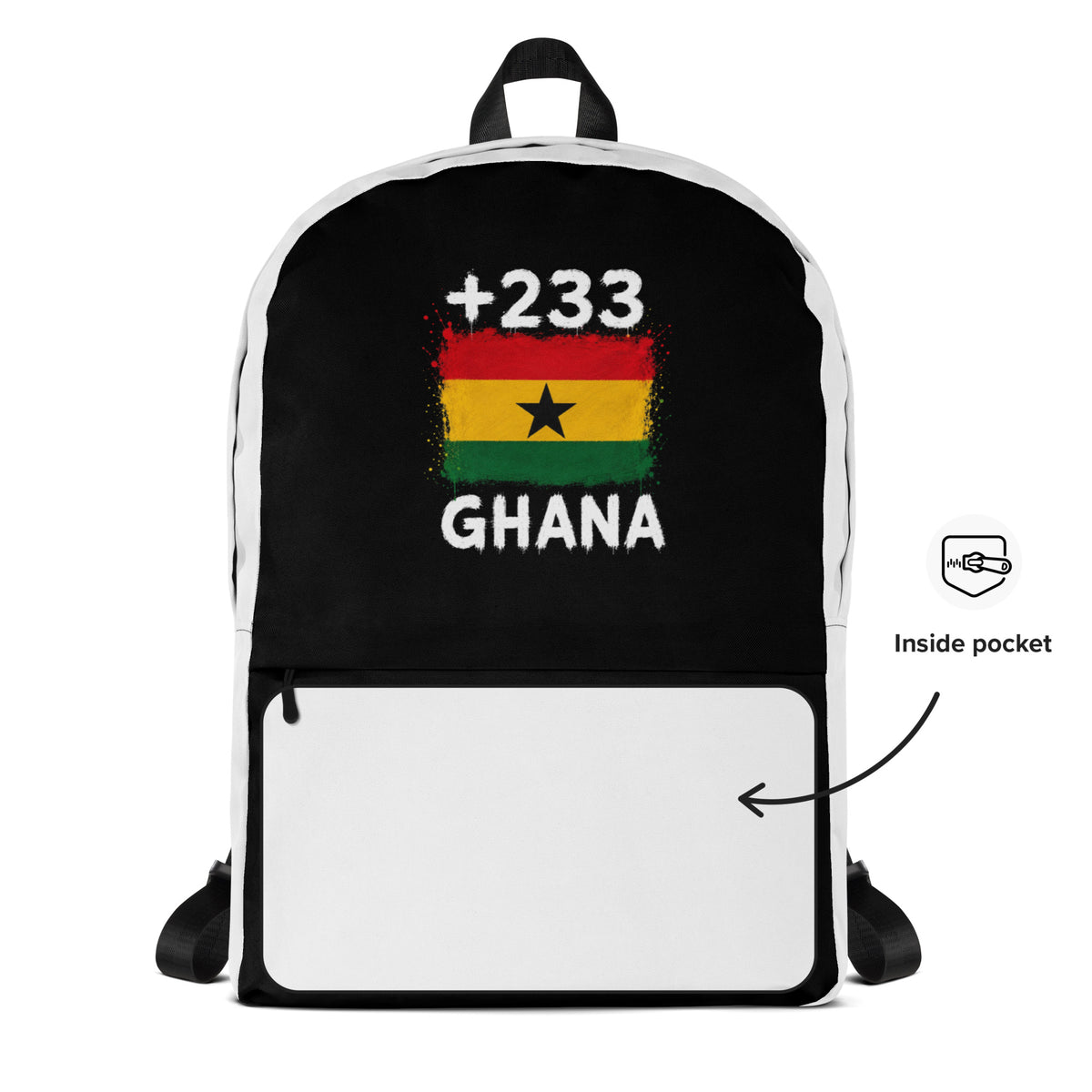 Sac à Dos Ghana +233 - Bicolore avec drapeau floqué effet éclaboussure de peinture - vue détaillée - Indicatif Fier
