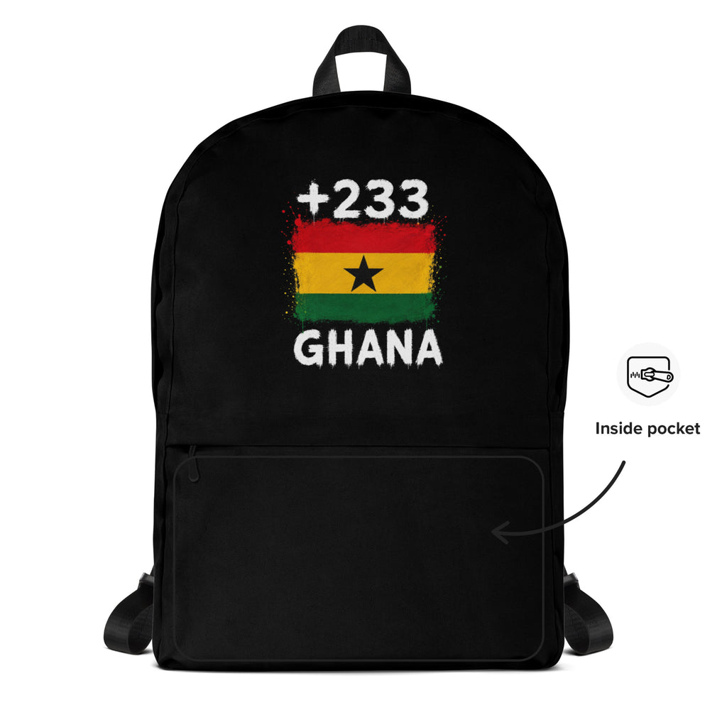 Sac à Dos Ghana +233 - Noir avec drapeau floqué effet éclaboussure de peinture - vue détaillée - Indicatif Fier