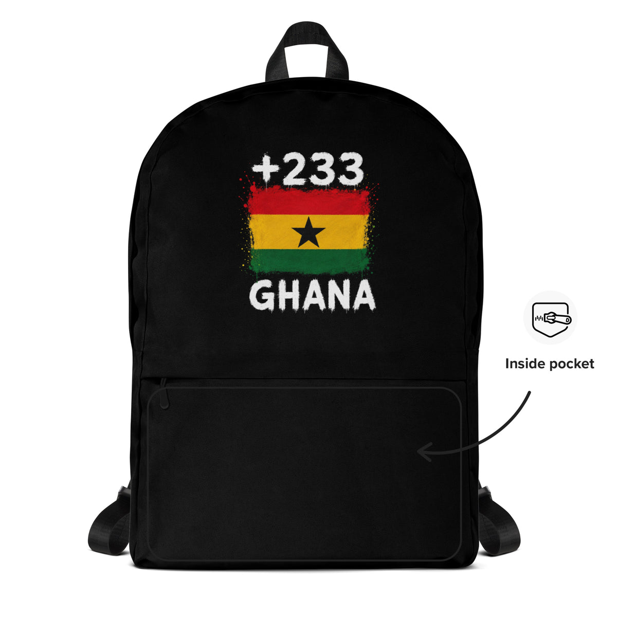 Sac à Dos Ghana +233 - Noir avec drapeau floqué effet éclaboussure de peinture - vue détaillée - Indicatif Fier