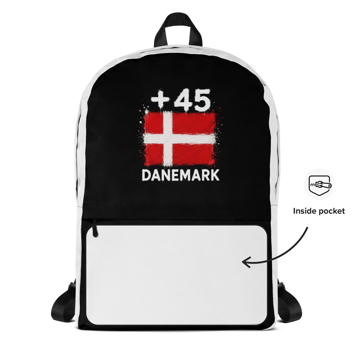 Sac à Dos Danemark +45 - Bicolore avec drapeau floqué effet éclaboussure de peinture - vue détaillée - Indicatif Fier