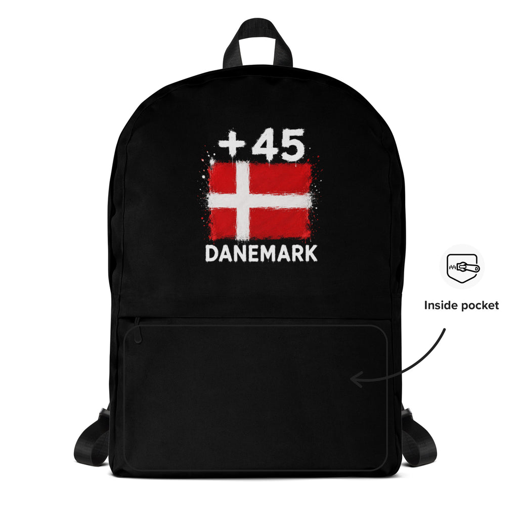 Sac à Dos Danemark +45 - Noir avec drapeau floqué effet éclaboussure de peinture - vue détaillée - Indicatif Fier