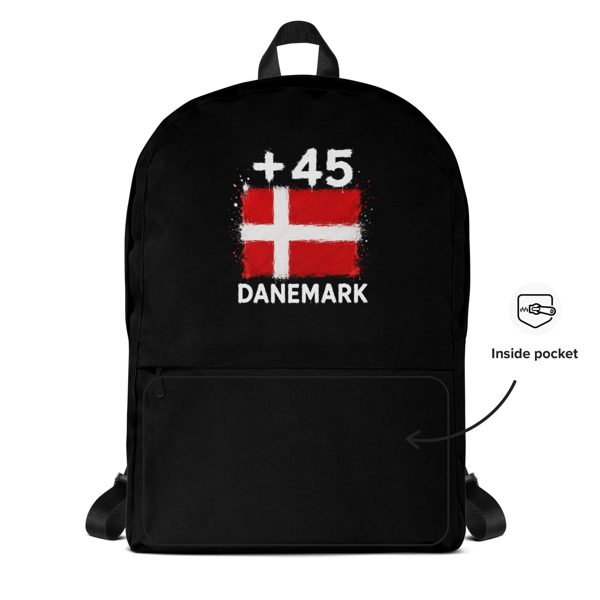 Sac à Dos Danemark +45 - Noir avec drapeau floqué effet éclaboussure de peinture - vue détaillée - Indicatif Fier
