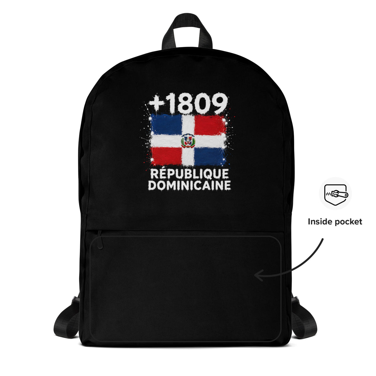 Sac à Dos République Dominicaine +1809 - Noir avec drapeau floqué effet éclaboussure de peinture - vue détaillée - Indicatif Fier
