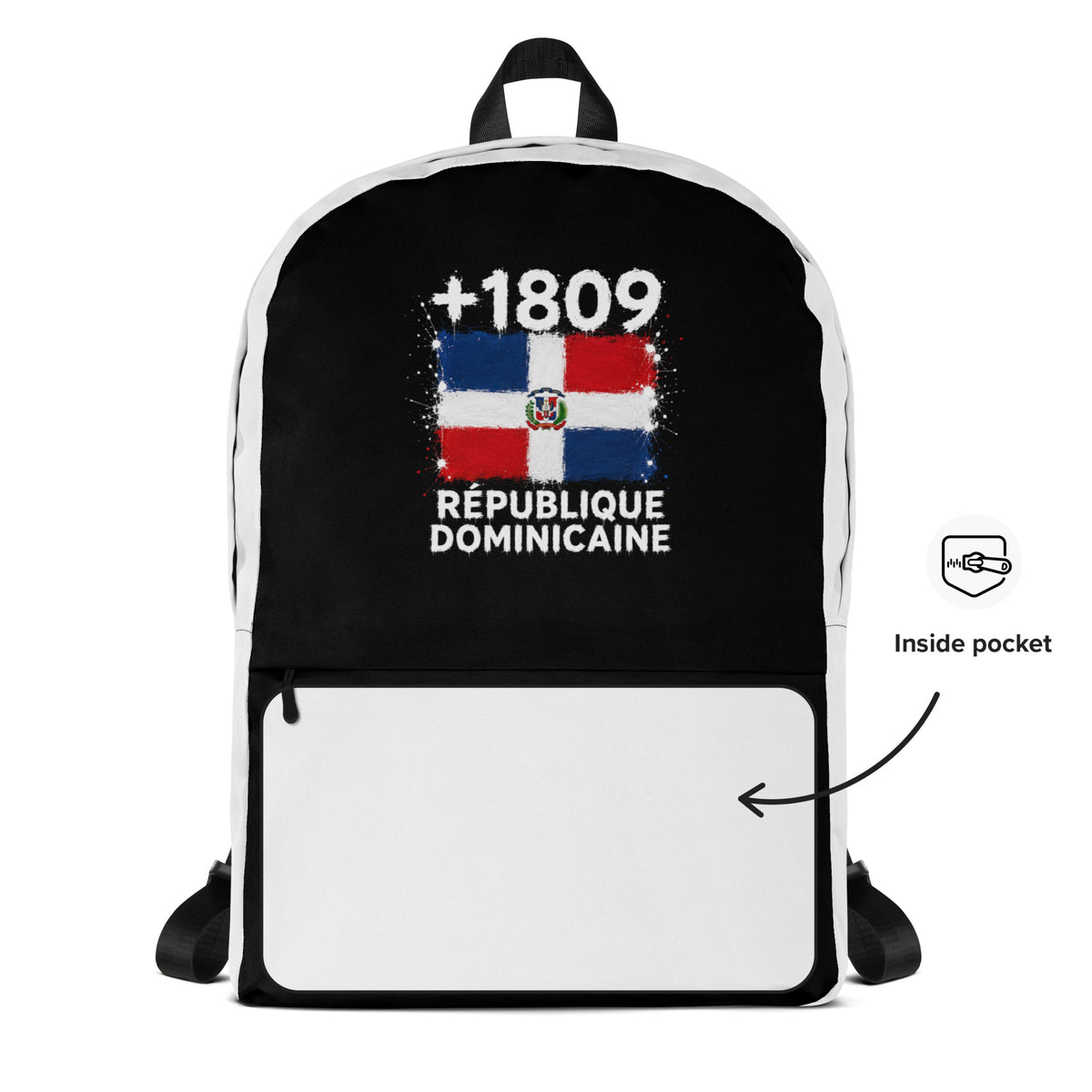 Sac à Dos République Dominicaine +1809 - Bicolore avec drapeau floqué effet éclaboussure de peinture - vue détaillée - Indicatif Fier