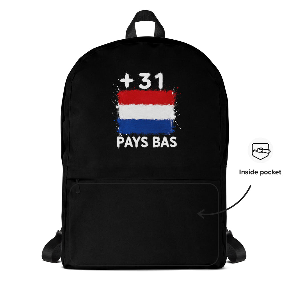 Sac à Dos Pays-Bas +31 - Noir avec drapeau floqué effet éclaboussure de peinture - vue détaillée - Indicatif Fier