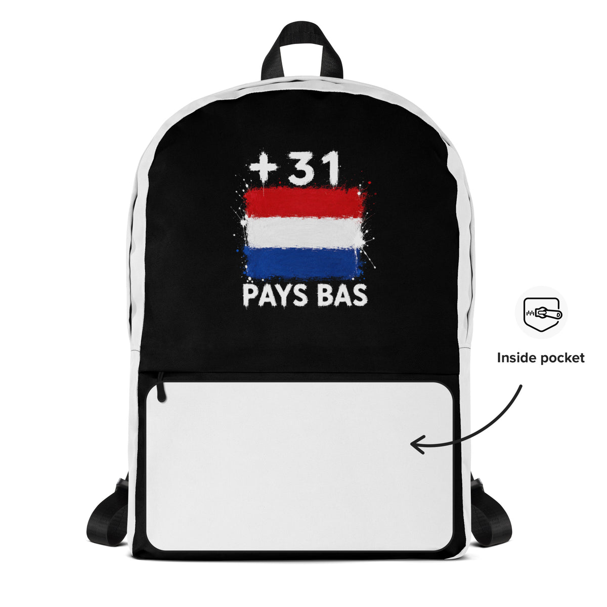 Sac à Dos Pays-Bas +31 - Bicolore avec drapeau floqué effet éclaboussure de peinture - vue détaillée - Indicatif Fier