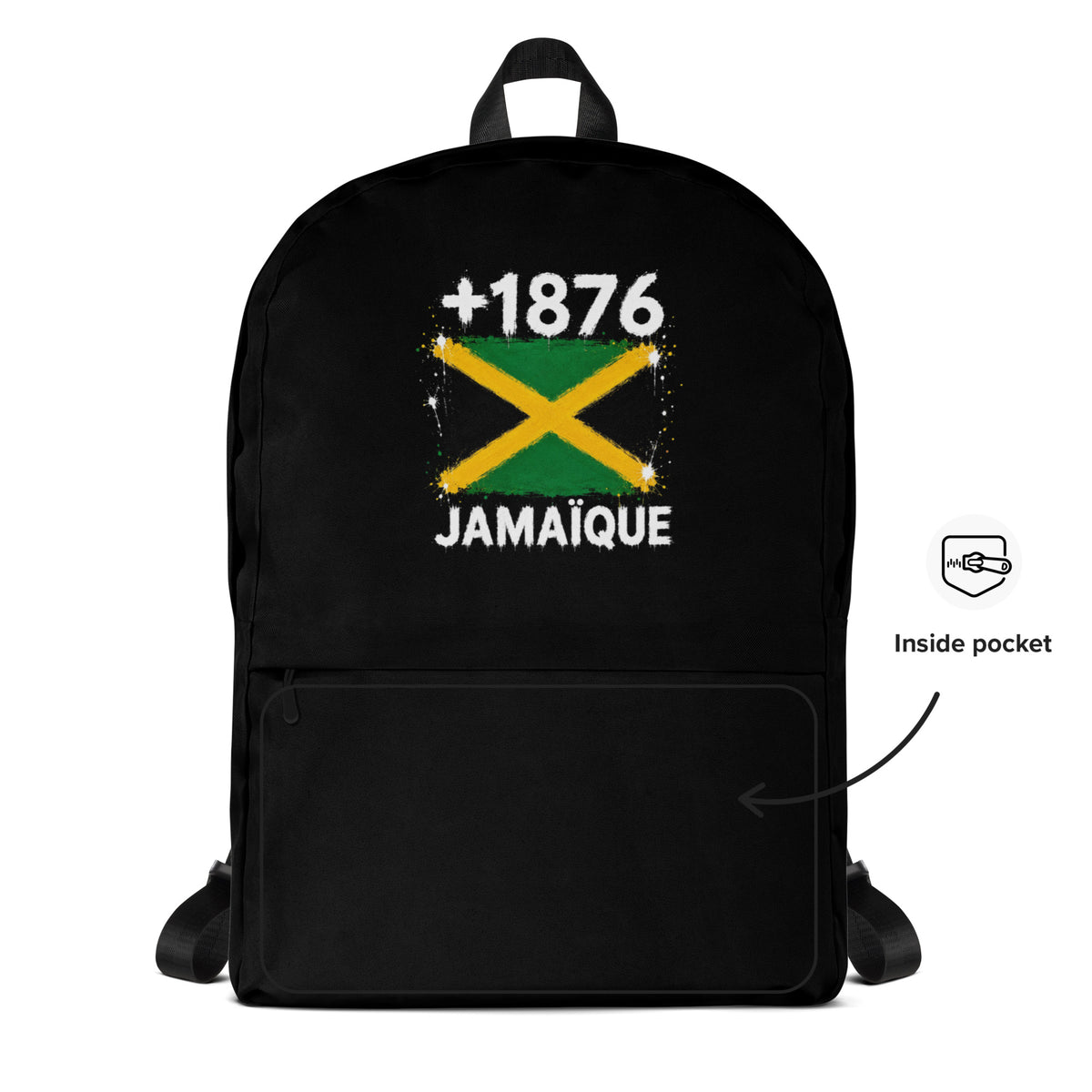 Sac à Dos Jamaïque +1876 - Noir avec drapeau floqué effet éclaboussure de peinture - vue détaillée - Indicatif Fier