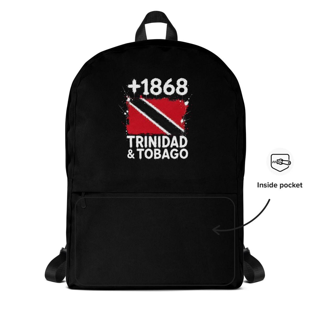 Sac à Dos Trinidad & Tobago +1868 - Noir avec drapeau floqué effet éclaboussure de peinture - vue détaillée - Indicatif Fier
