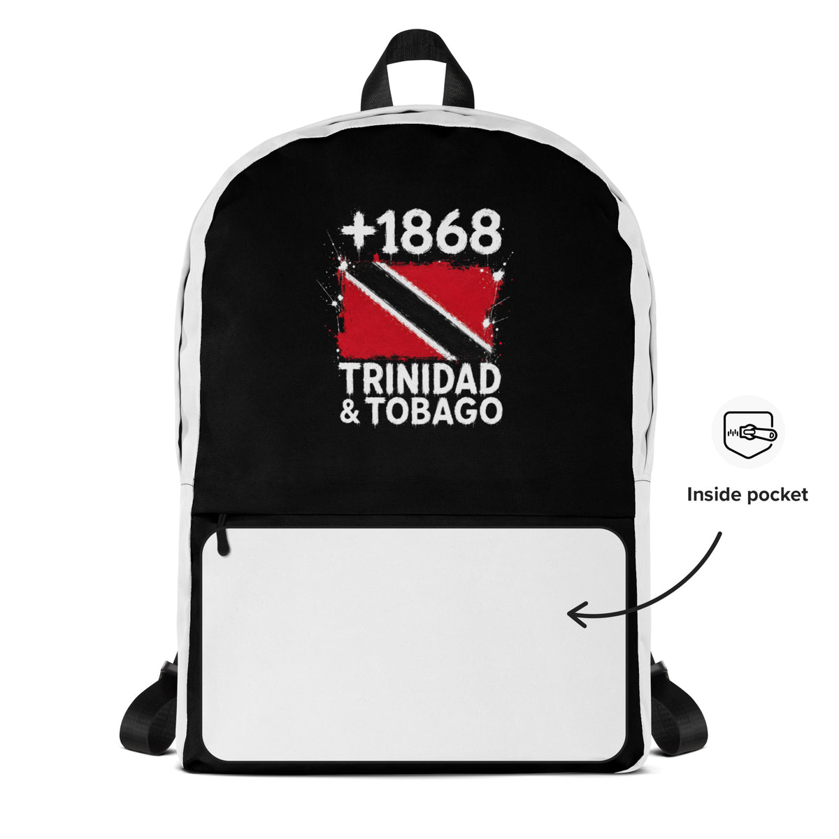 Sac à Dos Trinidad & Tobago +1868 - Bicolore avec drapeau floqué effet éclaboussure de peinture - vue détaillée - Indicatif Fier