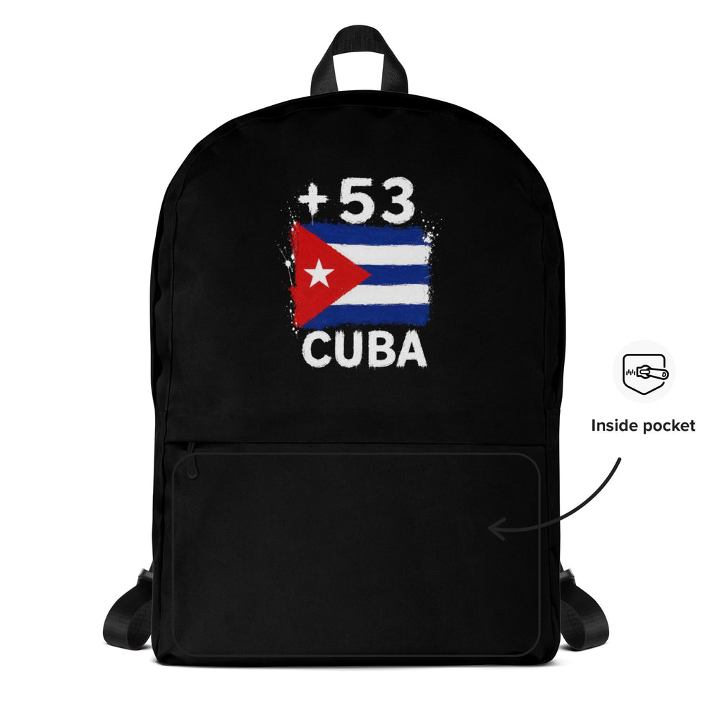 Sac à Dos Cuba +53 - Noir avec drapeau floqué effet éclaboussure de peinture - vue détaillée - Indicatif Fier