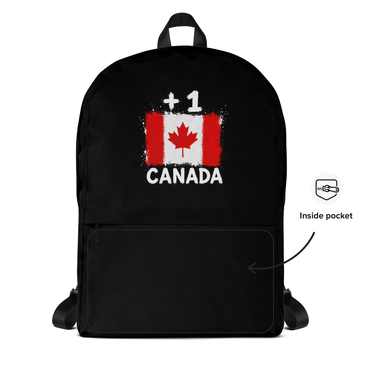 Sac à Dos Canada +1 - Noir avec drapeau floqué effet éclaboussure de peinture - vue détaillée - Indicatif Fier