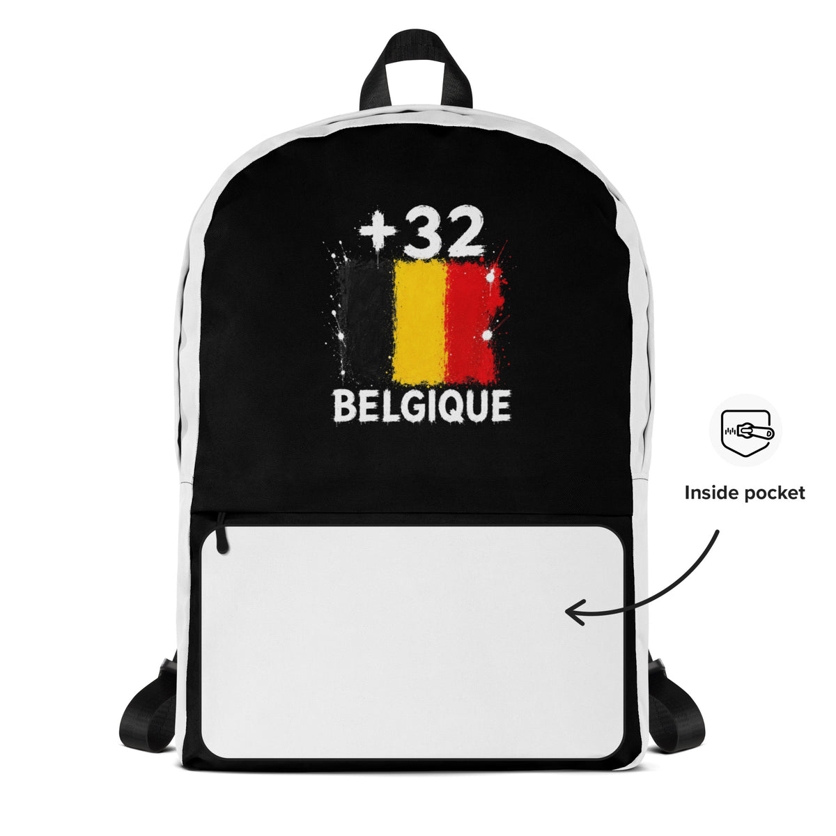 Sac à Dos Belgique +32 - Bicolore avec drapeau floqué effet éclaboussure de peinture - vue détaillée - Indicatif Fier
