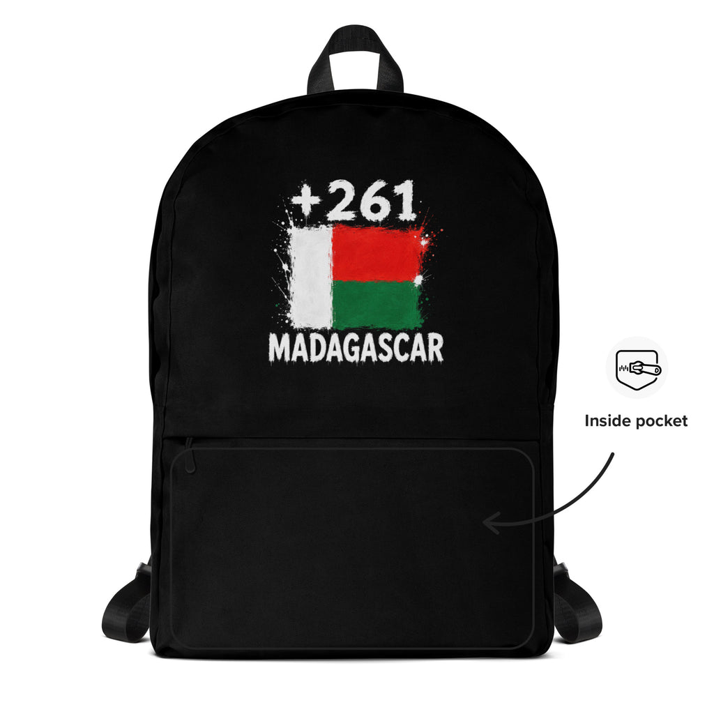 Sac à Dos Madagascar +261 - Noir avec drapeau floqué effet éclaboussure de peinture - vue détaillée - Indicatif Fier