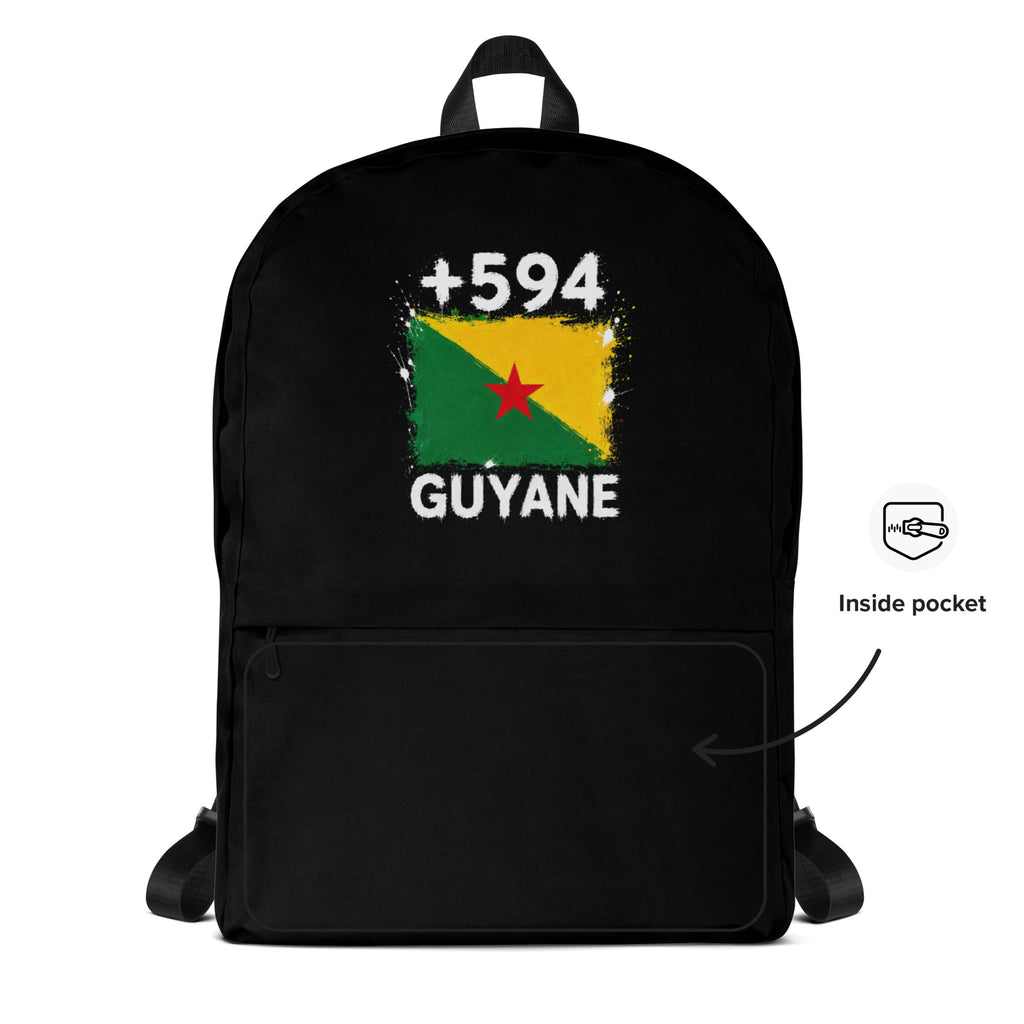 Sac à Dos Guyane +594 - Noir avec drapeau floqué effet éclaboussure de peinture - vue détaillée - Indicatif Fier