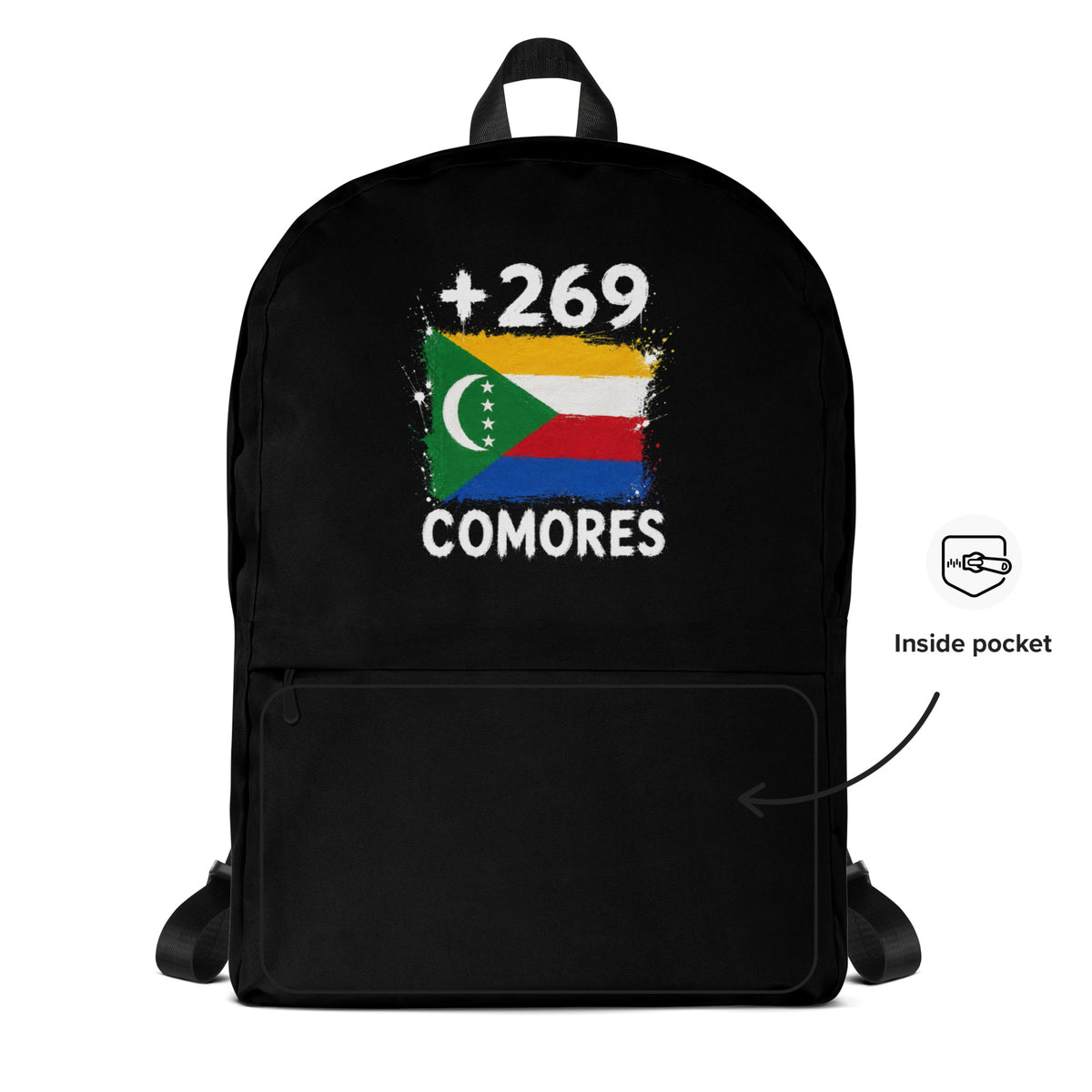 Sac à Dos Comores +269 - Noir avec drapeau floqué effet éclaboussure de peinture - vue détaillée - Indicatif Fier