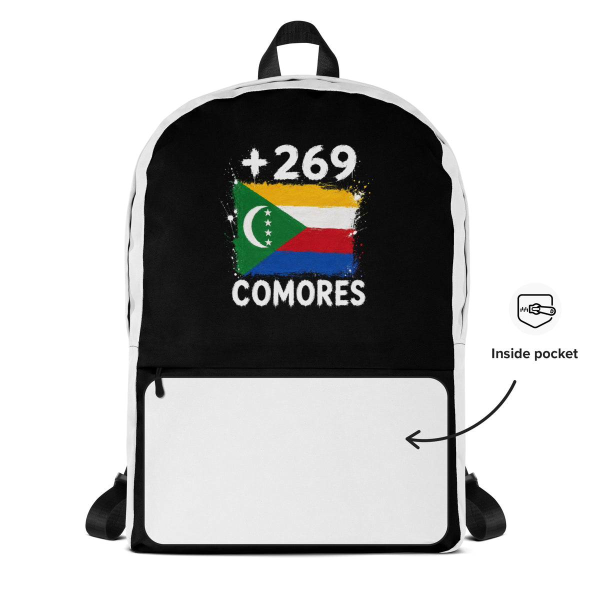 Sac à Dos Comores +269 - Bicolore avec drapeau floqué effet éclaboussure de peinture - vue détaillée - Indicatif Fier