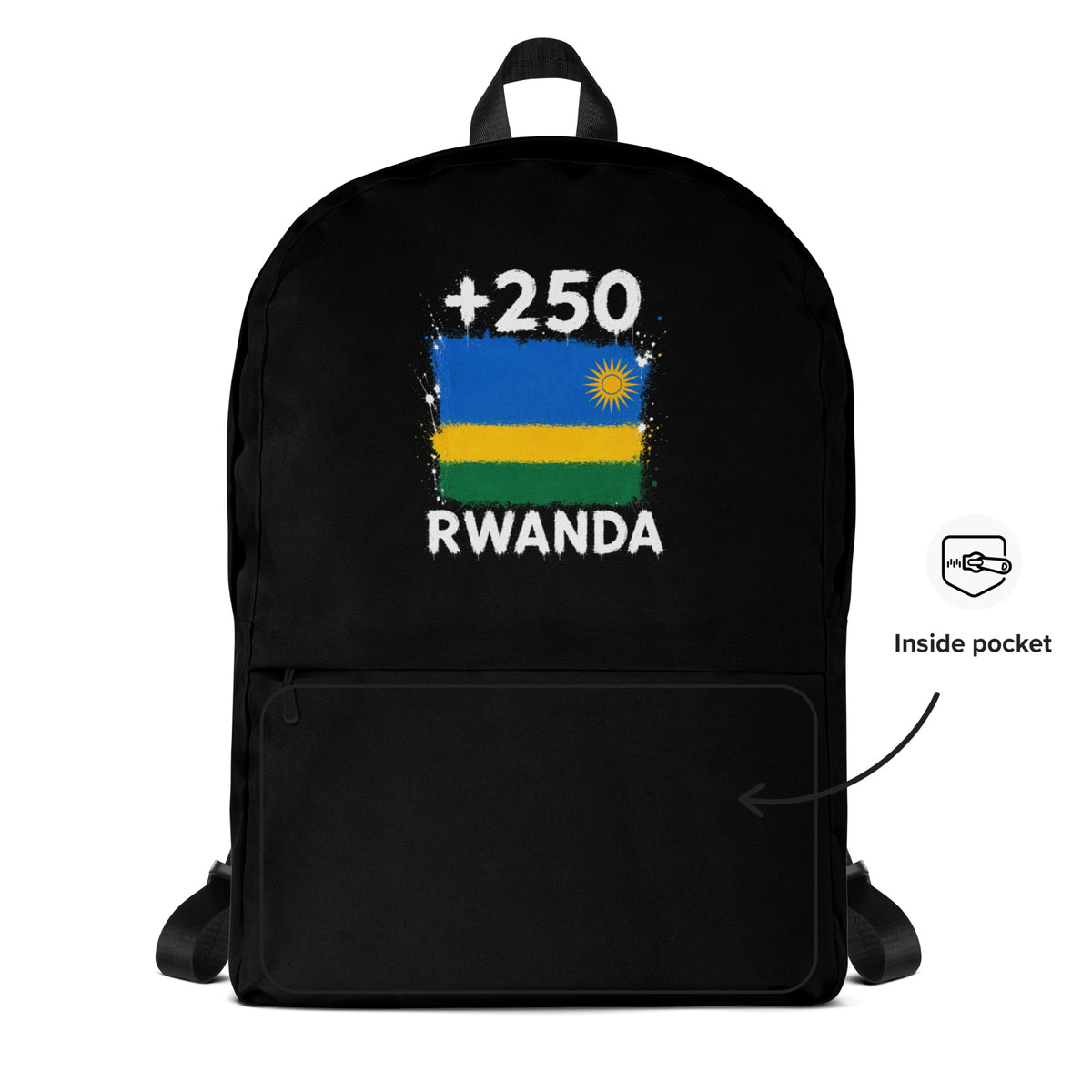 Sac à Dos Rwanda +250 - Noir avec drapeau floqué effet éclaboussure de peinture - vue détaillée - Indicatif Fier