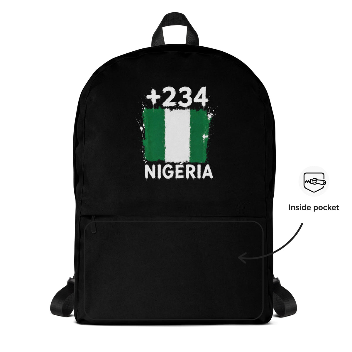 Sac à Dos Nigeria +234 - Noir avec drapeau floqué effet éclaboussure de peinture - vue détaillée - Indicatif Fier
