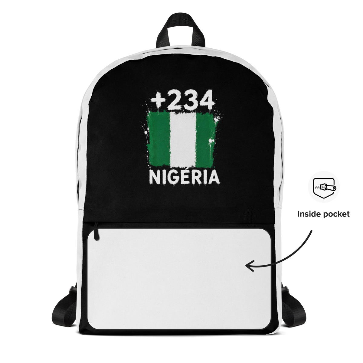 Sac à Dos Nigeria +234 - Bicolore avec drapeau floqué effet éclaboussure de peinture - vue détaillée - Indicatif Fier