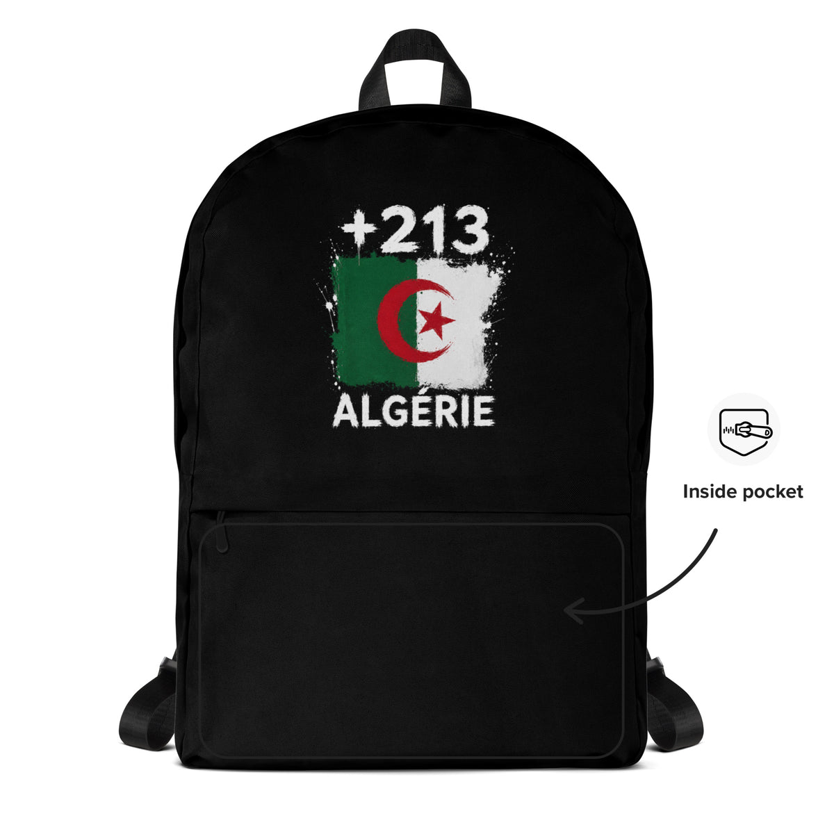Sac à Dos Algérie +213 - Noir avec drapeau floqué effet éclaboussure de peinture - vue détaillée - Indicatif Fier