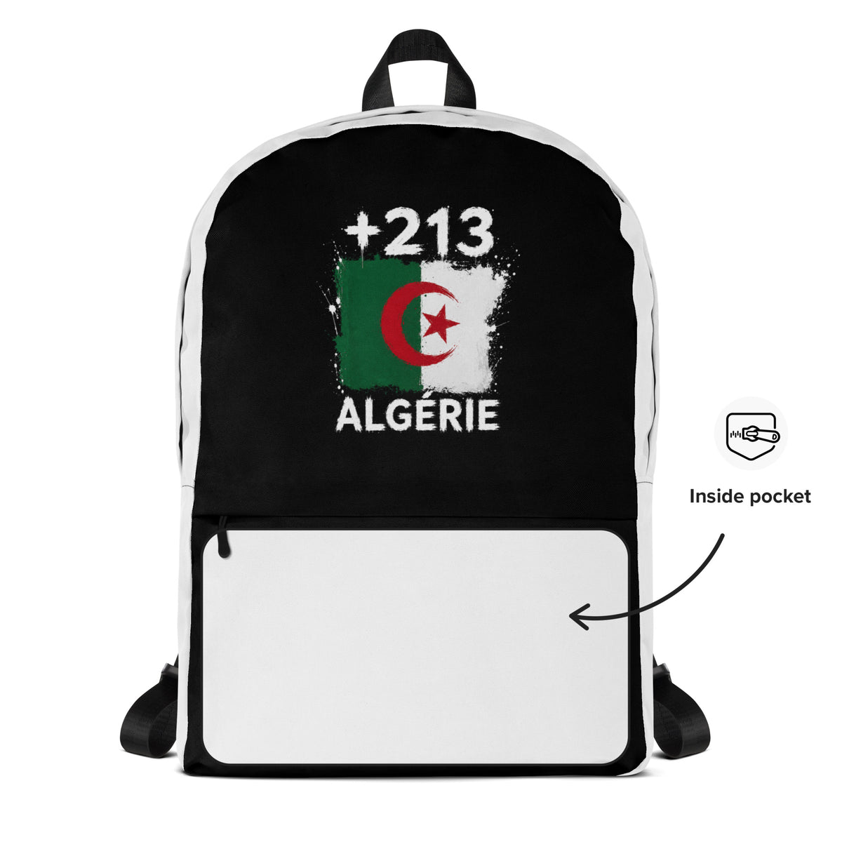 Sac à Dos Algérie +213 - Bicolore avec drapeau floqué effet éclaboussure de peinture - vue détaillée - Indicatif Fier