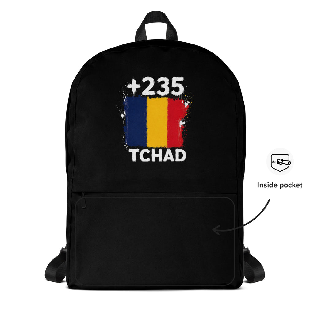 Sac à Dos Tchad +235 - Noir avec drapeau floqué effet éclaboussure de peinture - vue détaillée - Indicatif Fier