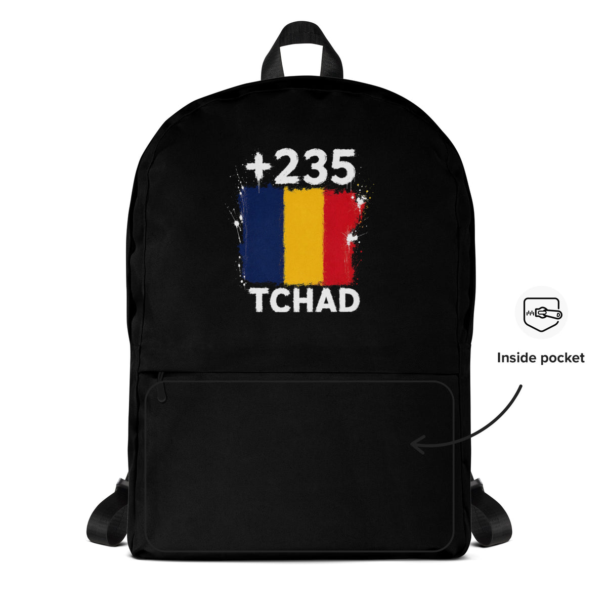 Sac à Dos Tchad +235 - Noir avec drapeau floqué effet éclaboussure de peinture - vue détaillée - Indicatif Fier