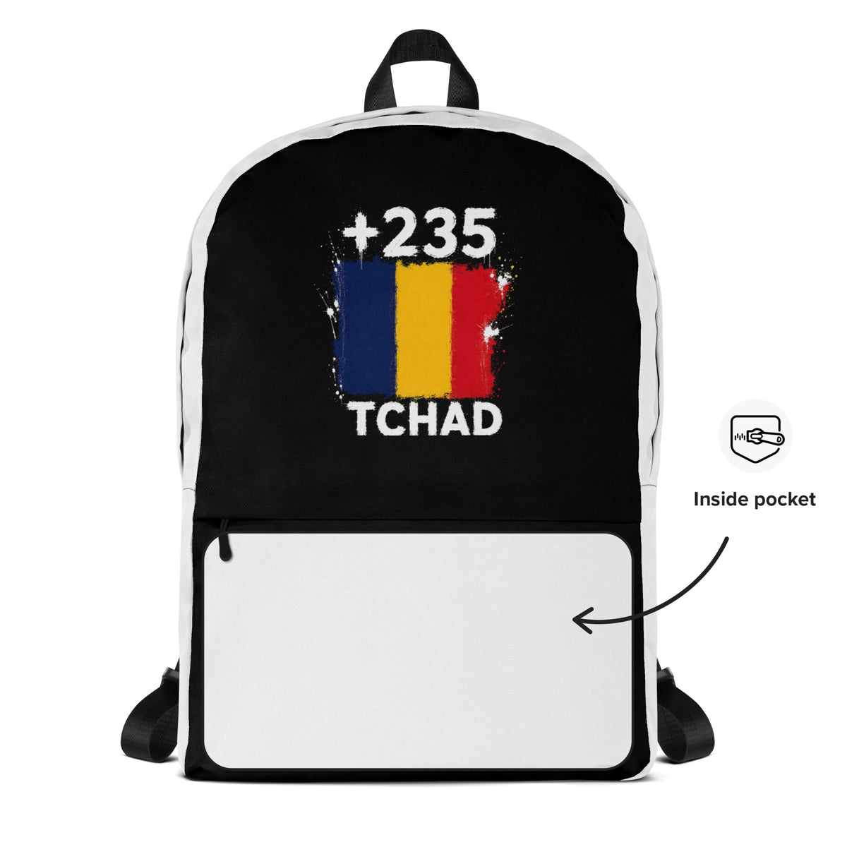 Sac à Dos Tchad +235 - Bicolore avec drapeau floqué effet éclaboussure de peinture - vue détaillée - Indicatif Fier