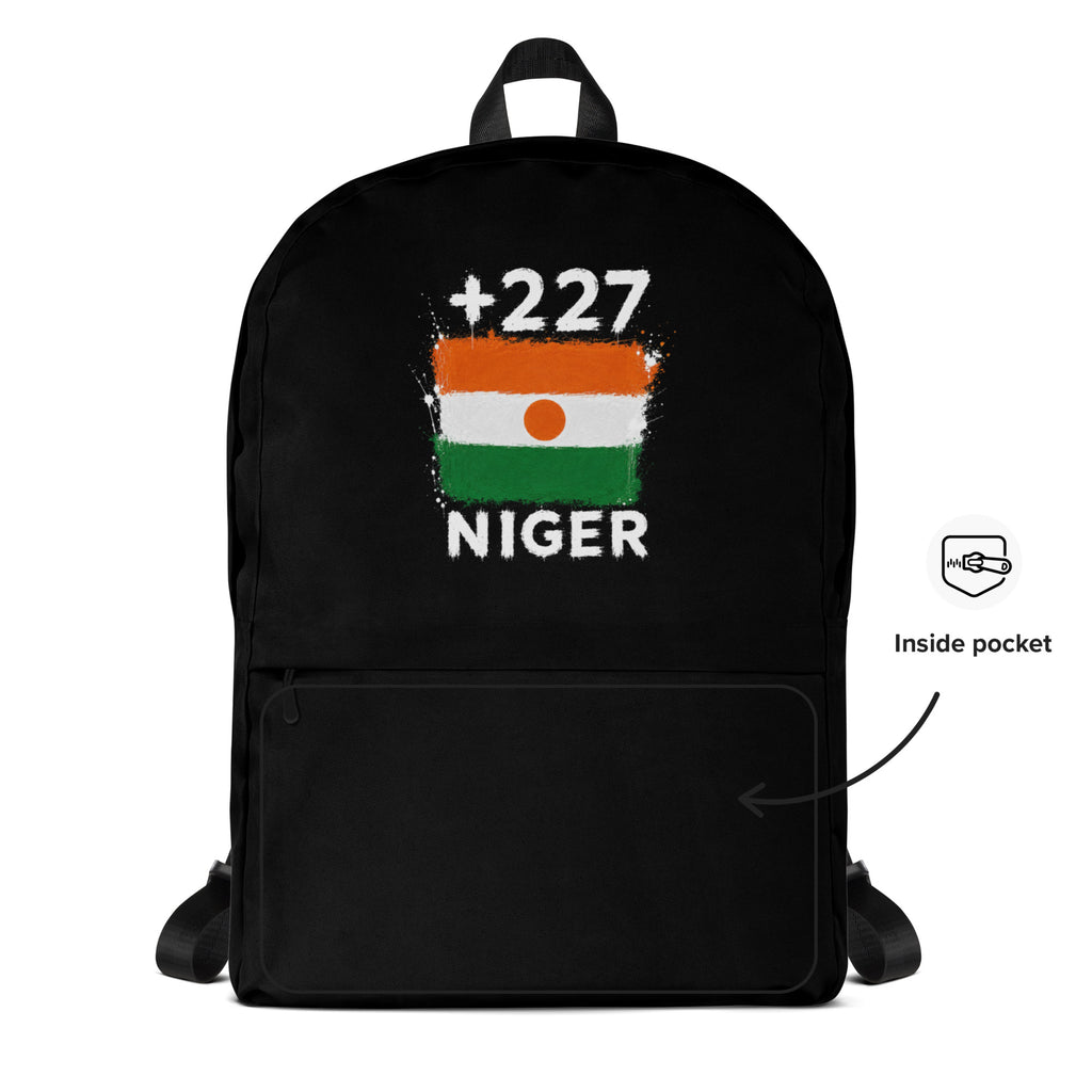 Sac à Dos Niger +227 - Noir avec drapeau floqué effet éclaboussure de peinture - vue détaillée - Indicatif Fier