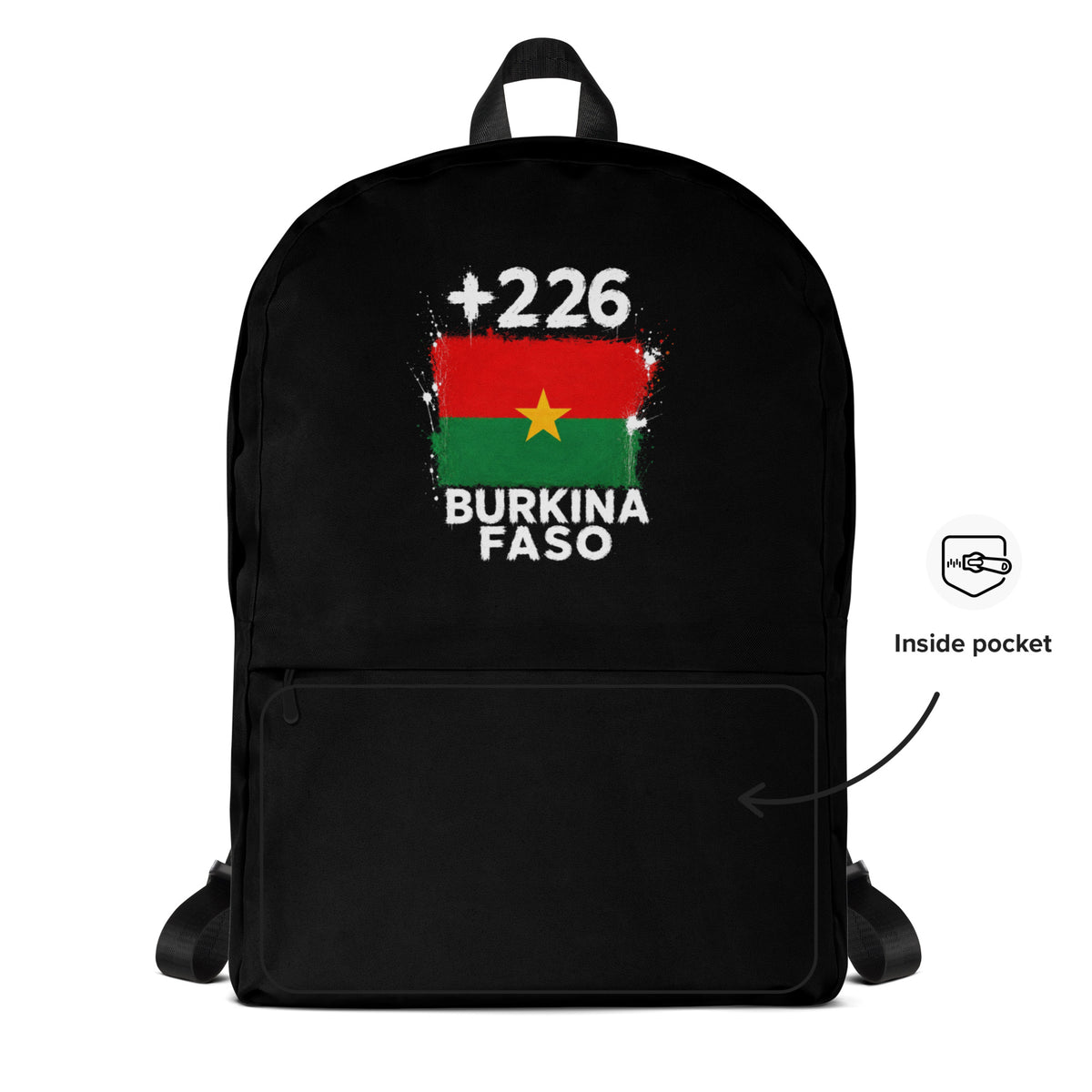 Sac à Dos Burkina Faso +226 - Noir avec drapeau floqué effet éclaboussure de peinture - vue détaillée - Indicatif Fier