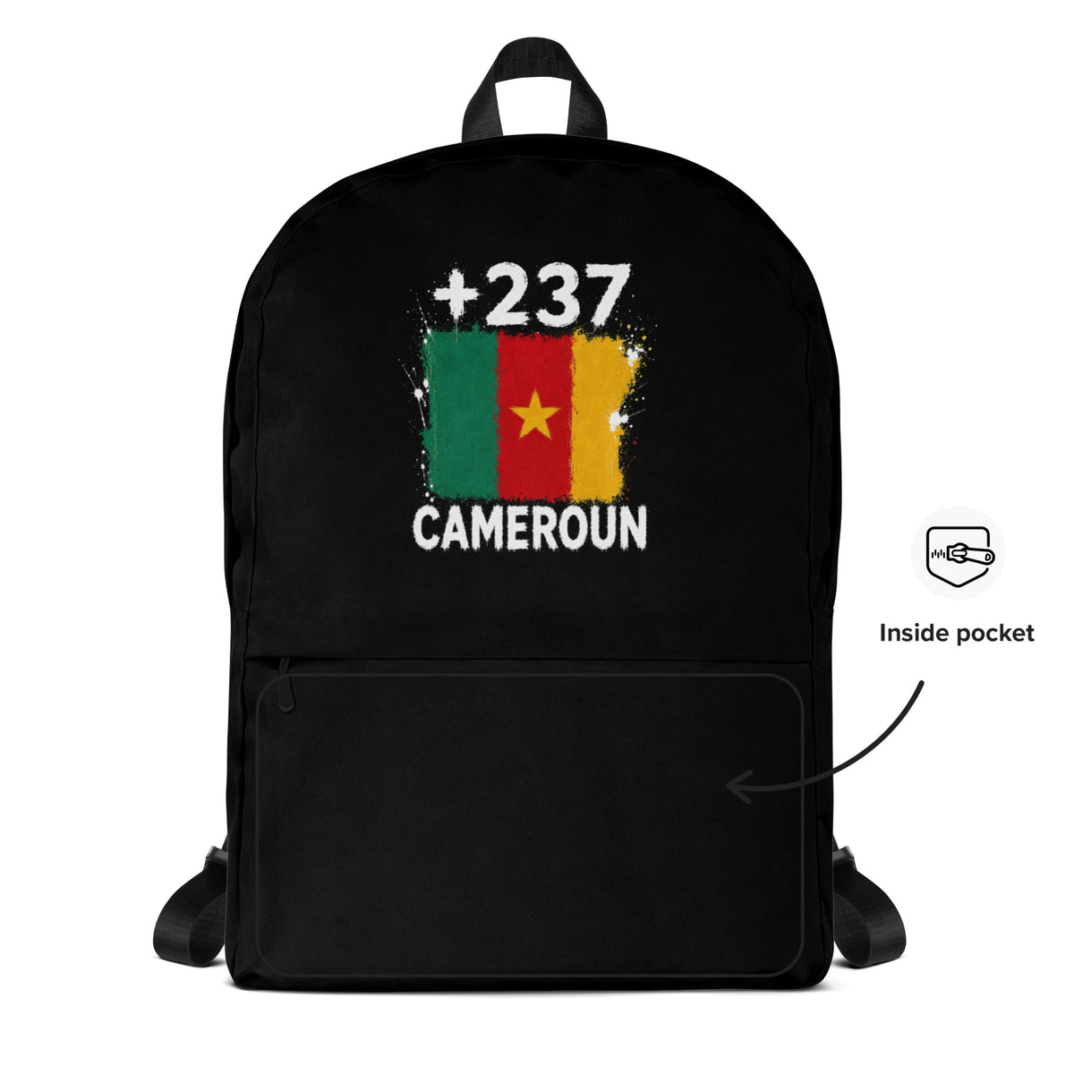 Sac à Dos Cameroun +237 - Noir avec drapeau floqué effet éclaboussure de peinture - vue détaillée - Indicatif Fier
