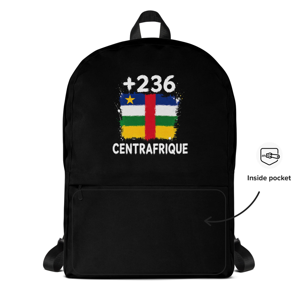 Sac à Dos Centrafrique +236 - Noir avec drapeau floqué effet éclaboussure de peinture - vue détaillée - Indicatif Fier