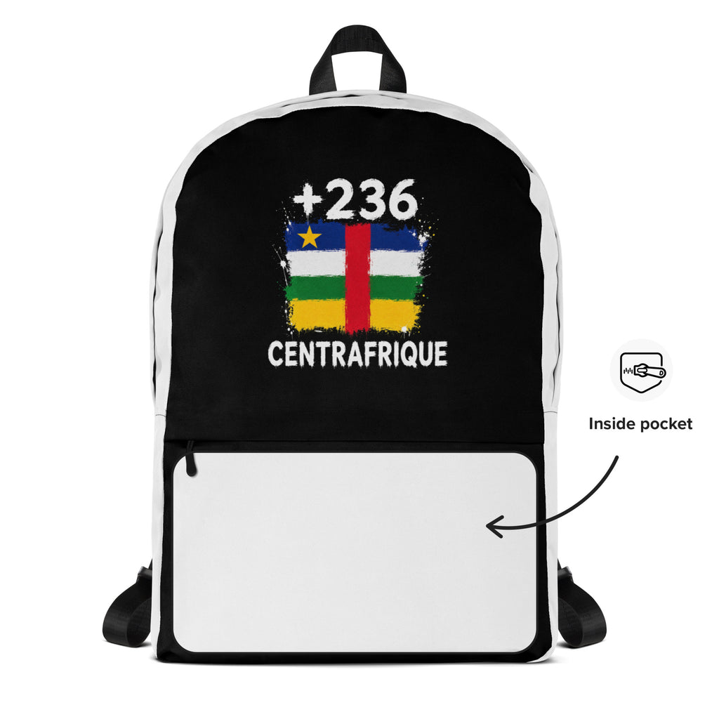 Sac à Dos Centrafrique +236 - Bicolore avec drapeau floqué effet éclaboussure de peinture - vue détaillée - Indicatif Fier