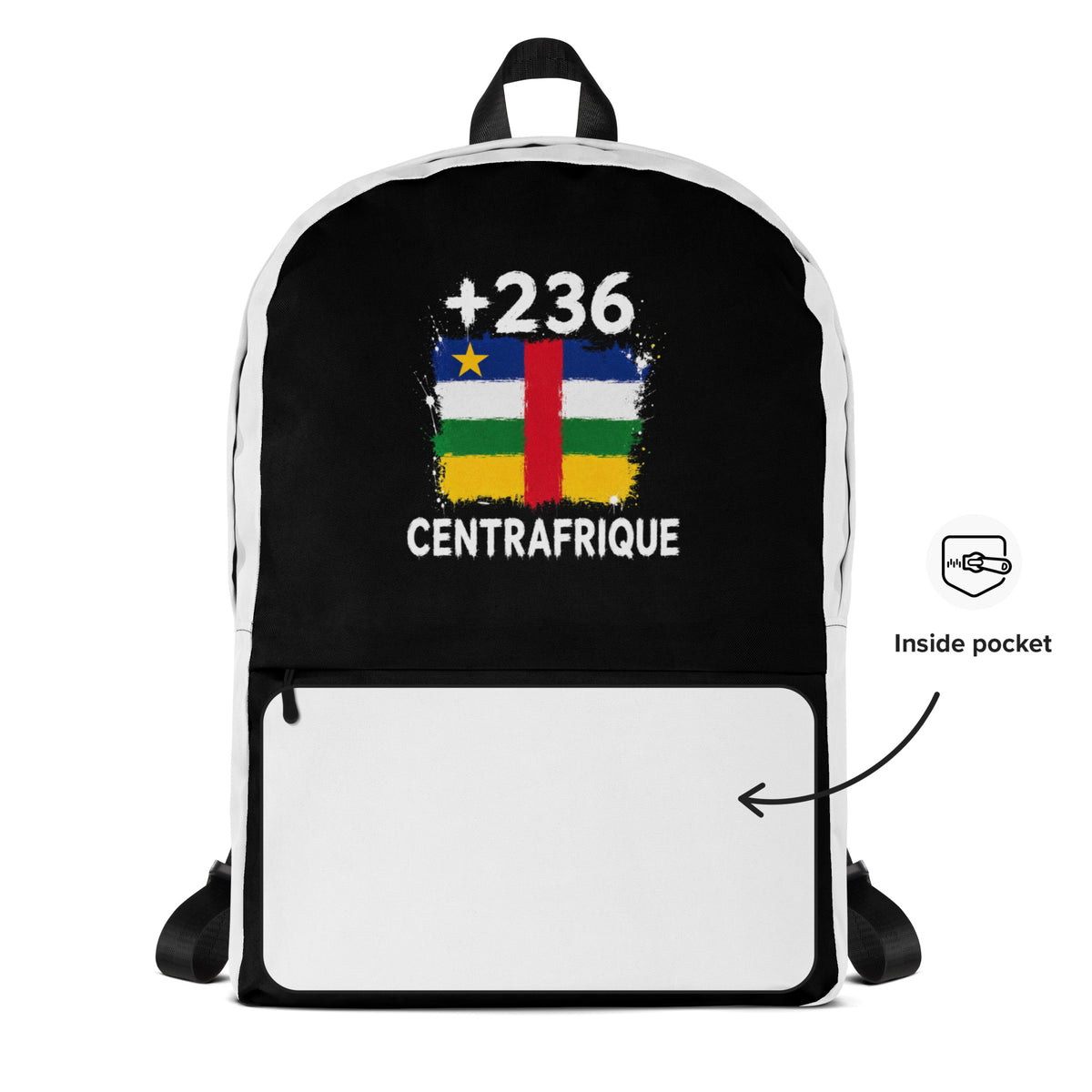 Sac à Dos Centrafrique +236 - Bicolore avec drapeau floqué effet éclaboussure de peinture - vue détaillée - Indicatif Fier