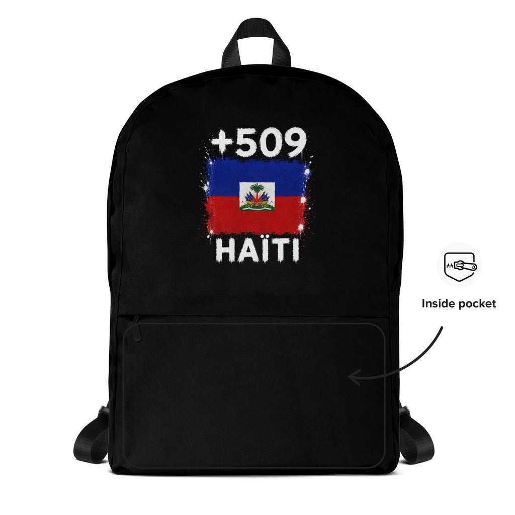 Sac à Dos Haïti +509 - Noir avec drapeau floqué effet éclaboussure de peinture - vue détaillée - Indicatif Fier