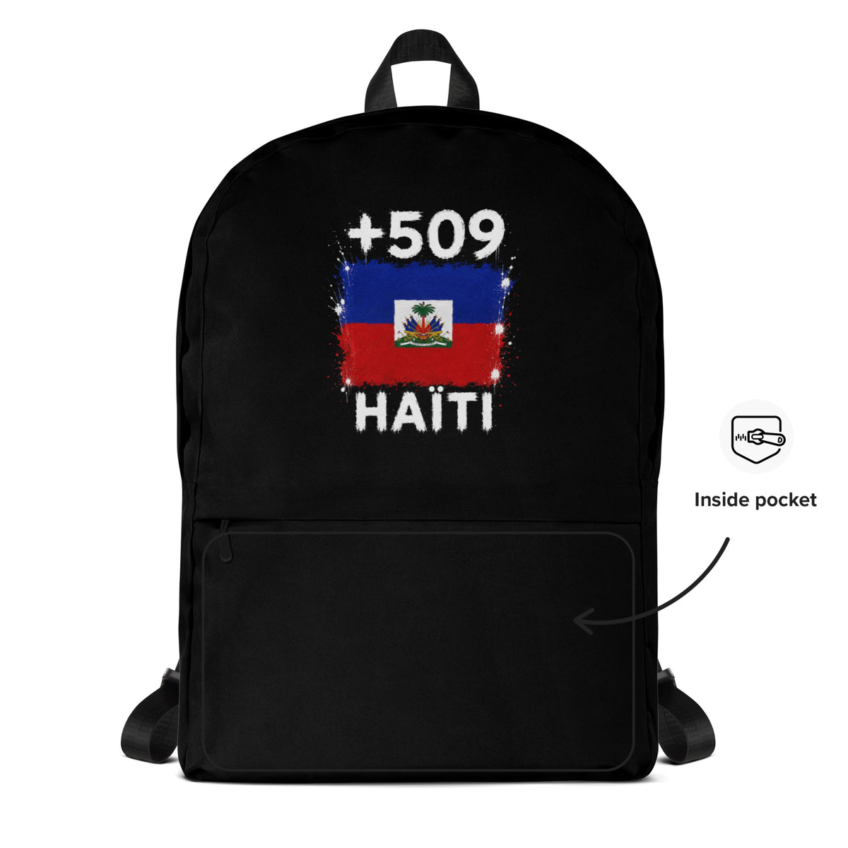 Sac à Dos Haïti +509 - Noir avec drapeau floqué effet éclaboussure de peinture - vue détaillée - Indicatif Fier