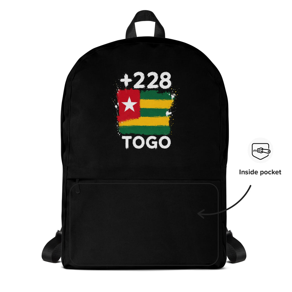 Sac à Dos Togo +228 - Noir avec drapeau floqué effet éclaboussure de peinture - vue détaillée - Indicatif Fier