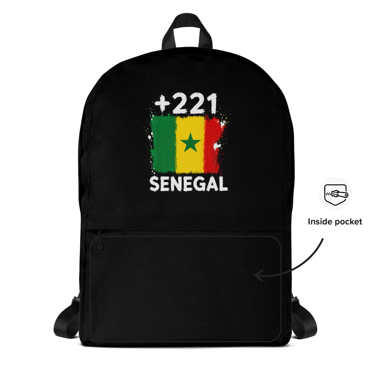 Sac à Dos Sénégal +221 - Noir avec drapeau floqué effet éclaboussure de peinture - vue détaillée - Indicatif Fier