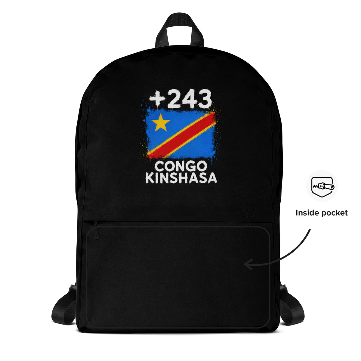 Sac à Dos RDC +243 - Noir avec drapeau floqué effet éclaboussure de peinture - vue détaillée - Indicatif Fier