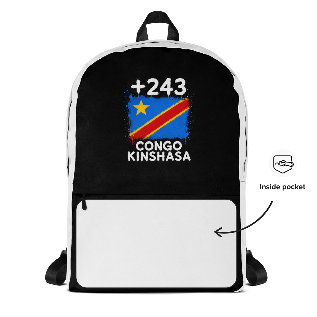 Sac à Dos RDC +243 - Bicolore avec drapeau floqué effet éclaboussure de peinture - vue détaillée - Indicatif Fier