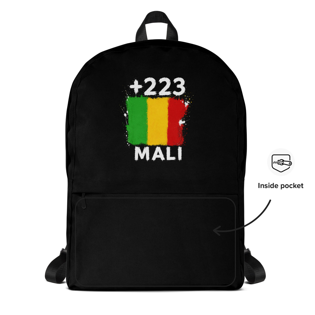 Sac à Dos Mali +223 - Noir avec drapeau floqué effet éclaboussure de peinture - vue détaillée - Indicatif Fier