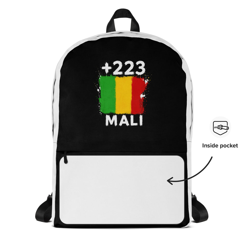 Sac à Dos Mali +223 - Bicolore avec drapeau floqué effet éclaboussure de peinture - vue détaillée - Indicatif Fier