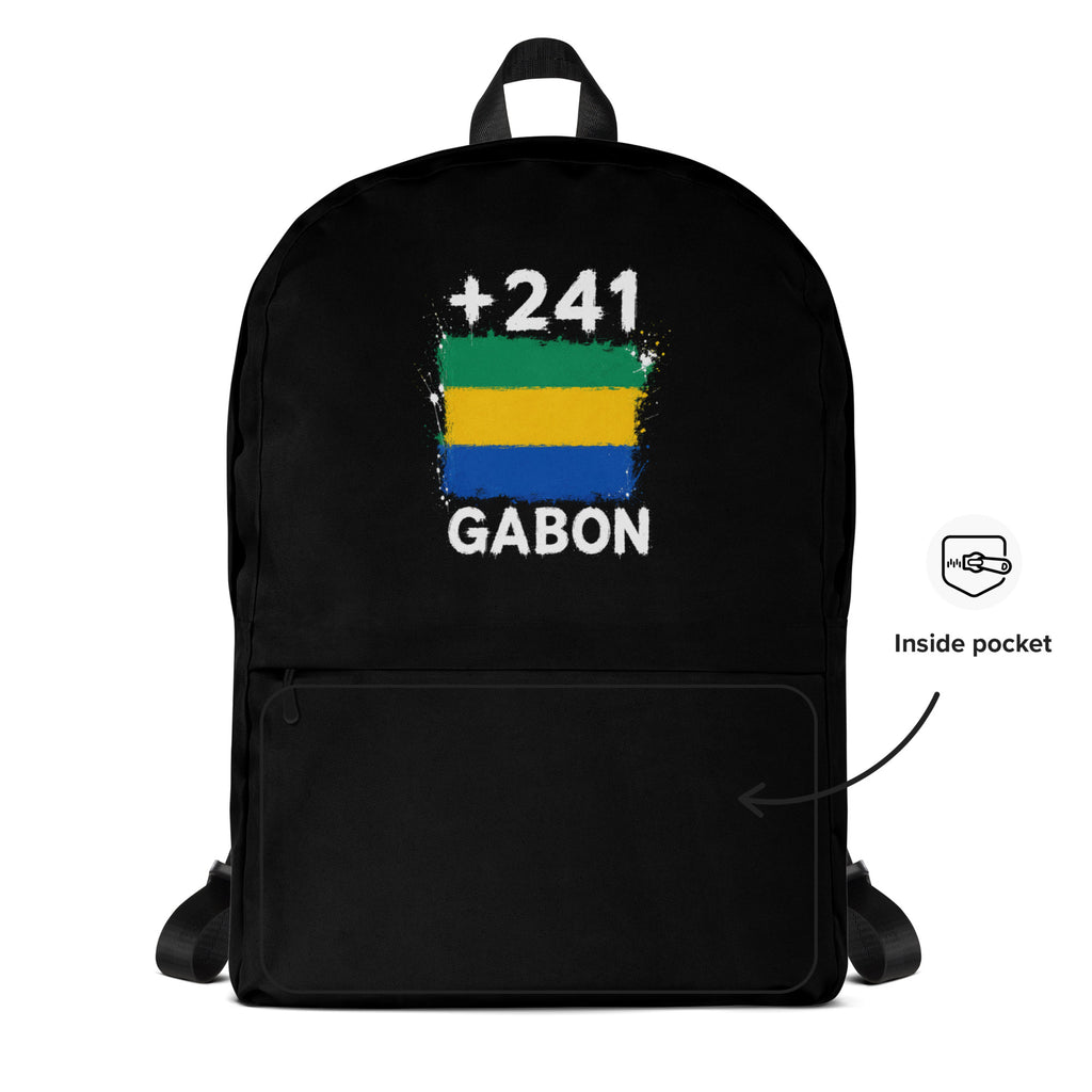 Sac à Dos Gabon +241 - Noir avec drapeau floqué effet éclaboussure de peinture - vue détaillée - Indicatif Fier